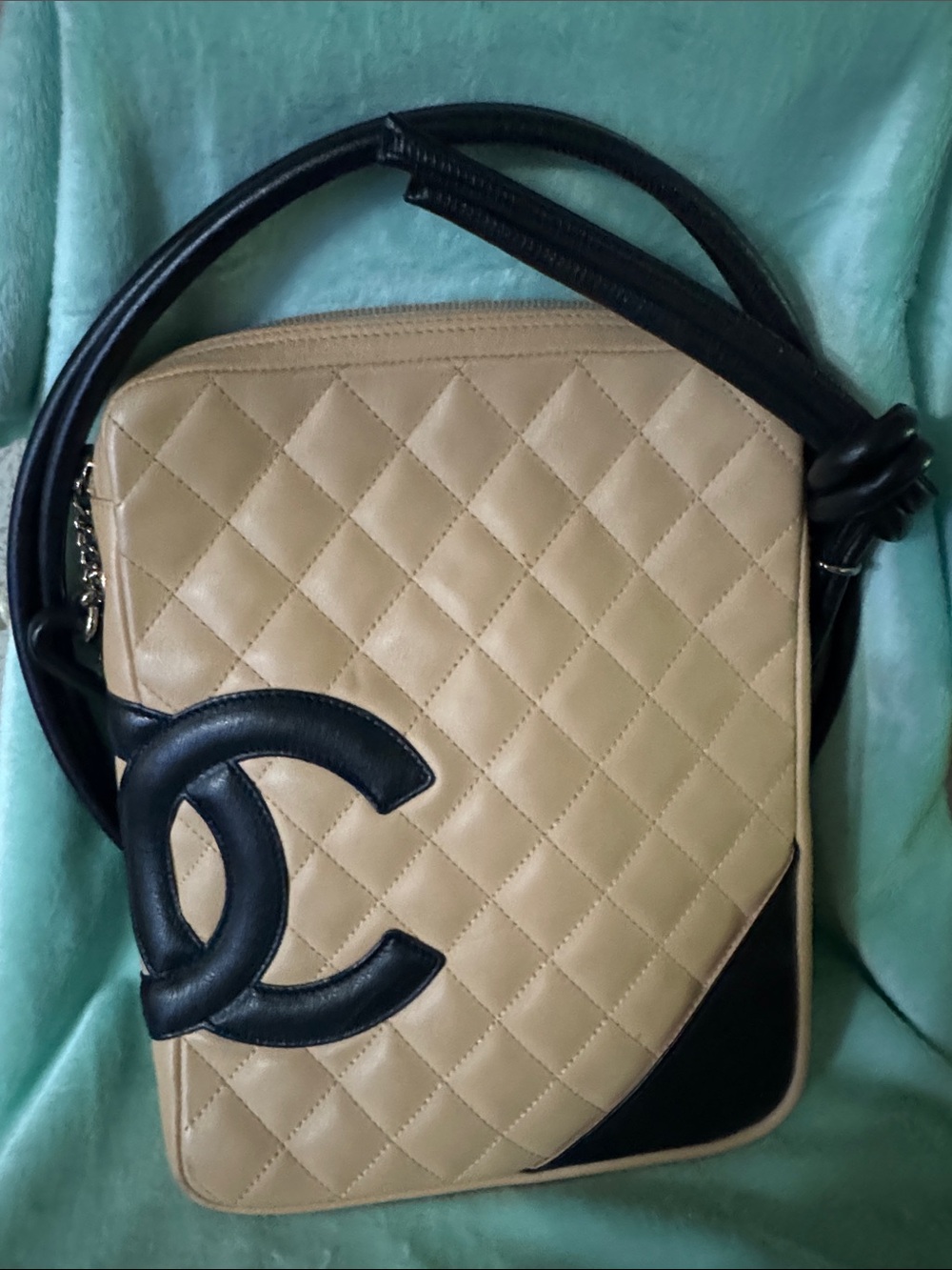 CHANEL Cambon Beige and Black Quilted Leather Crossbody with CC Appliqué